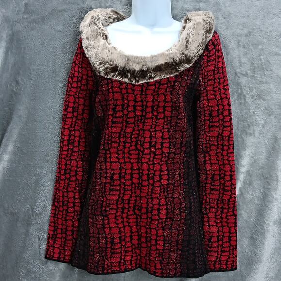 Carmen Marc Valvo Sweater w/‎ Faux Fur Collar Red & Black Women's Size Small - Picture 1 of 14